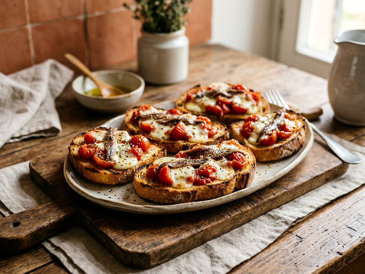 Hot mozzarella toast with cherry tomatoes and oregano anchovies