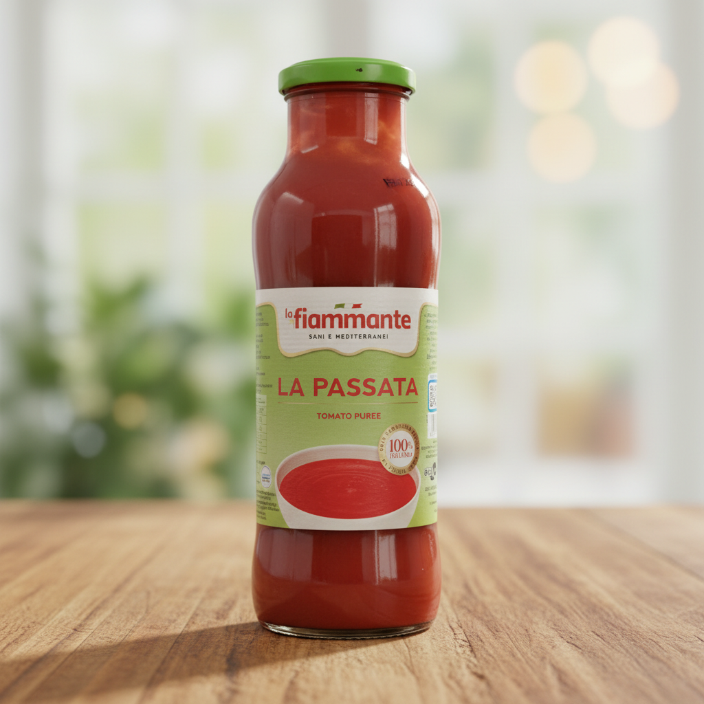 Passata Tomate La Fiammante sur une table en bois, en lumière naturelle