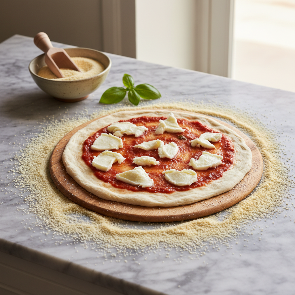 Semoule Spéciale Pizza Staccapizza Molino Spadoni – (1  kg) – mise en scène générée par IA à partir de la photo du produit