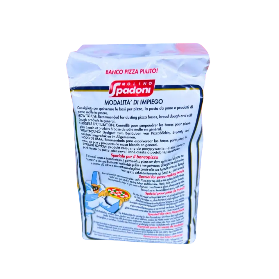 Face arrière du paquet de semoule à pizza Molino Spadoni 1kg, avec conseils d'utilisation multilingues pour un usage professionnel.