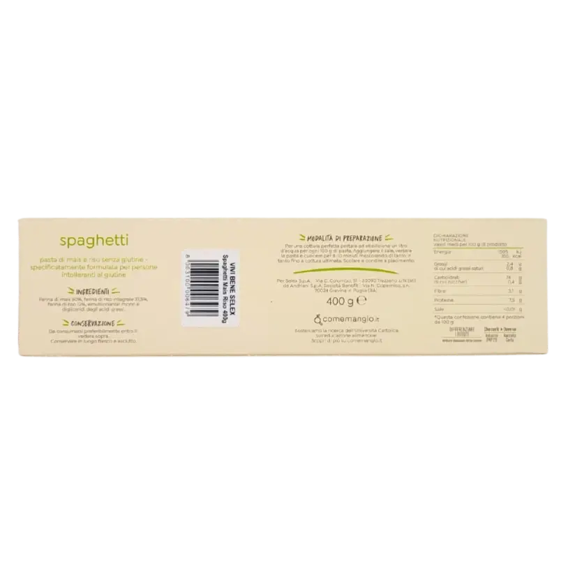 Pâtes spaghetti sans gluten Vivi Bene 400g, informations détaillées au dos du paquet