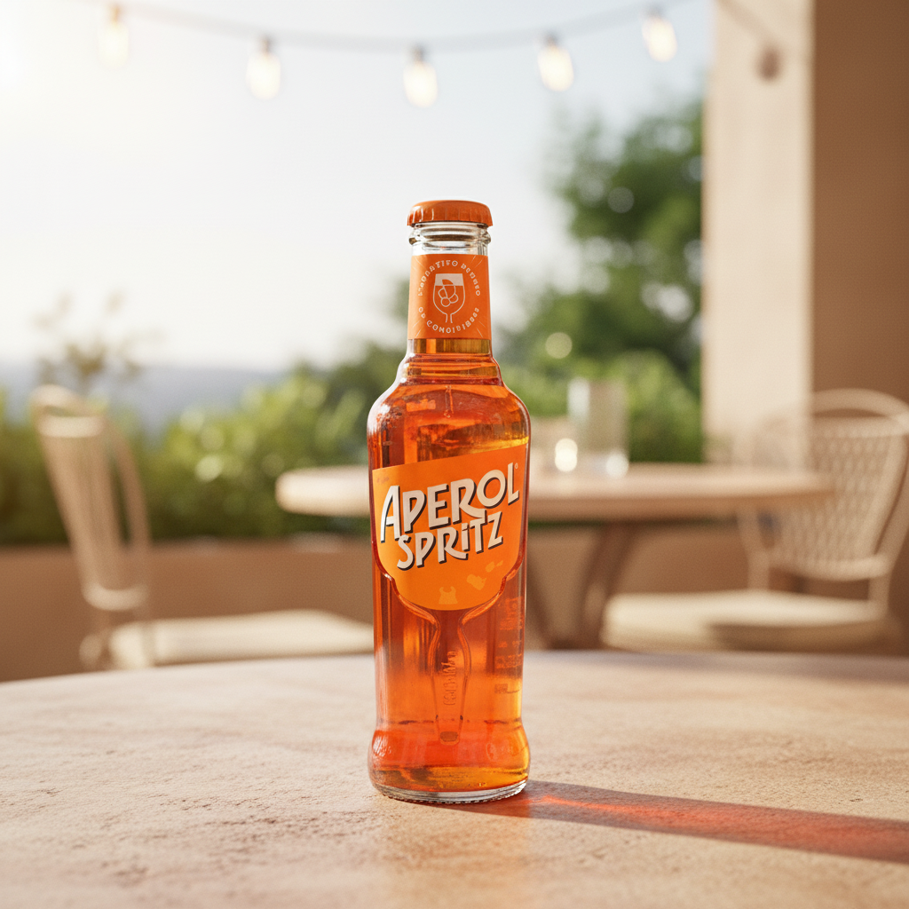 Aperol Spritz sur une table en bois, en lumière naturelle