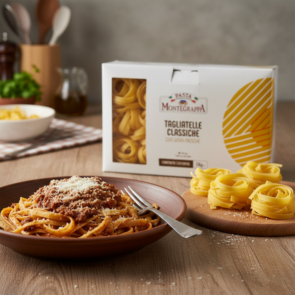 Tagliatelle aux Œufs - 2kg Pasta Montegrappa – mise en scène générée par IA à partir de la photo du produit
