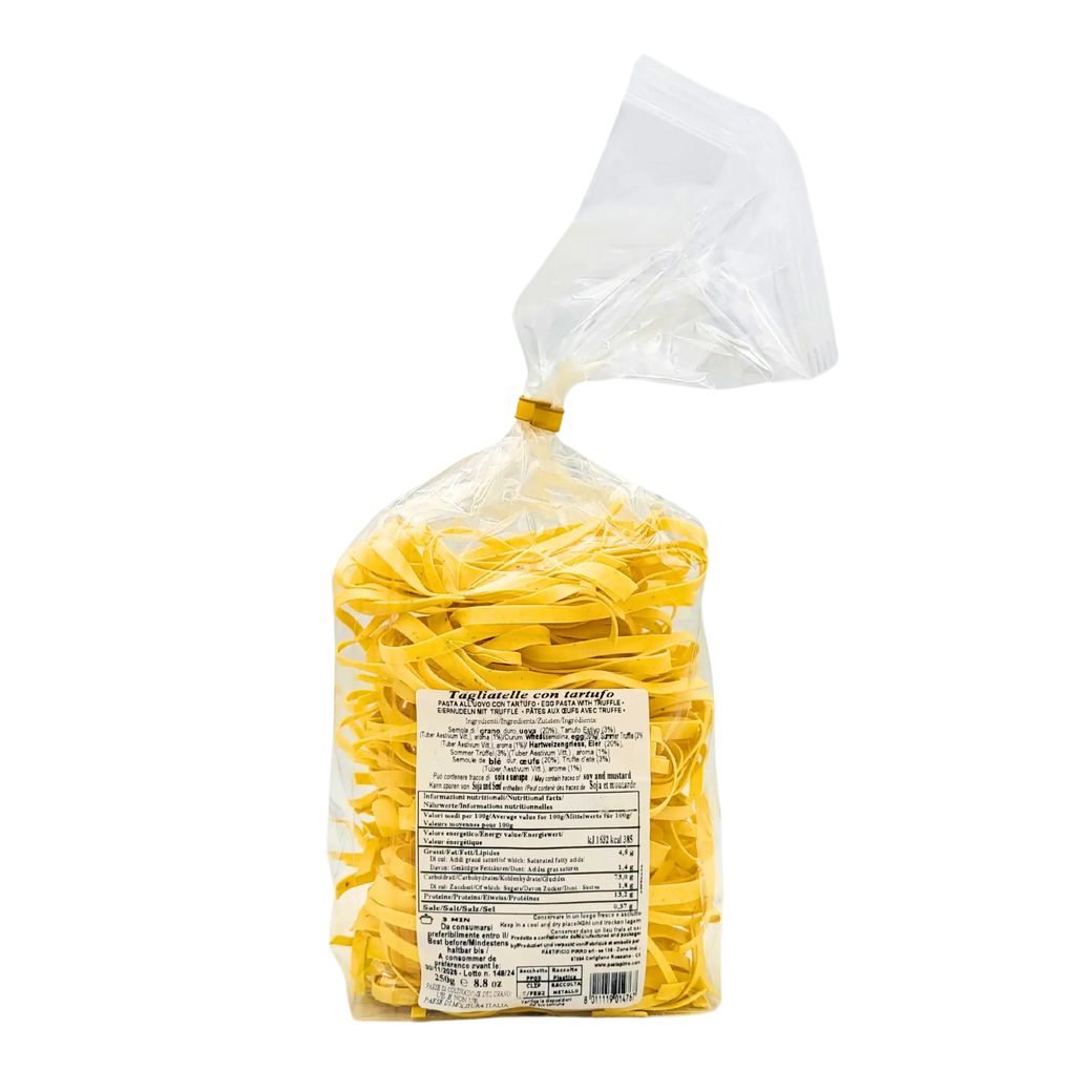 Paquet de tagliatelle truffe noire Pirro 250g, pâtes artisanales italiennes à l'arôme unique de truffe noire et texture al dente.