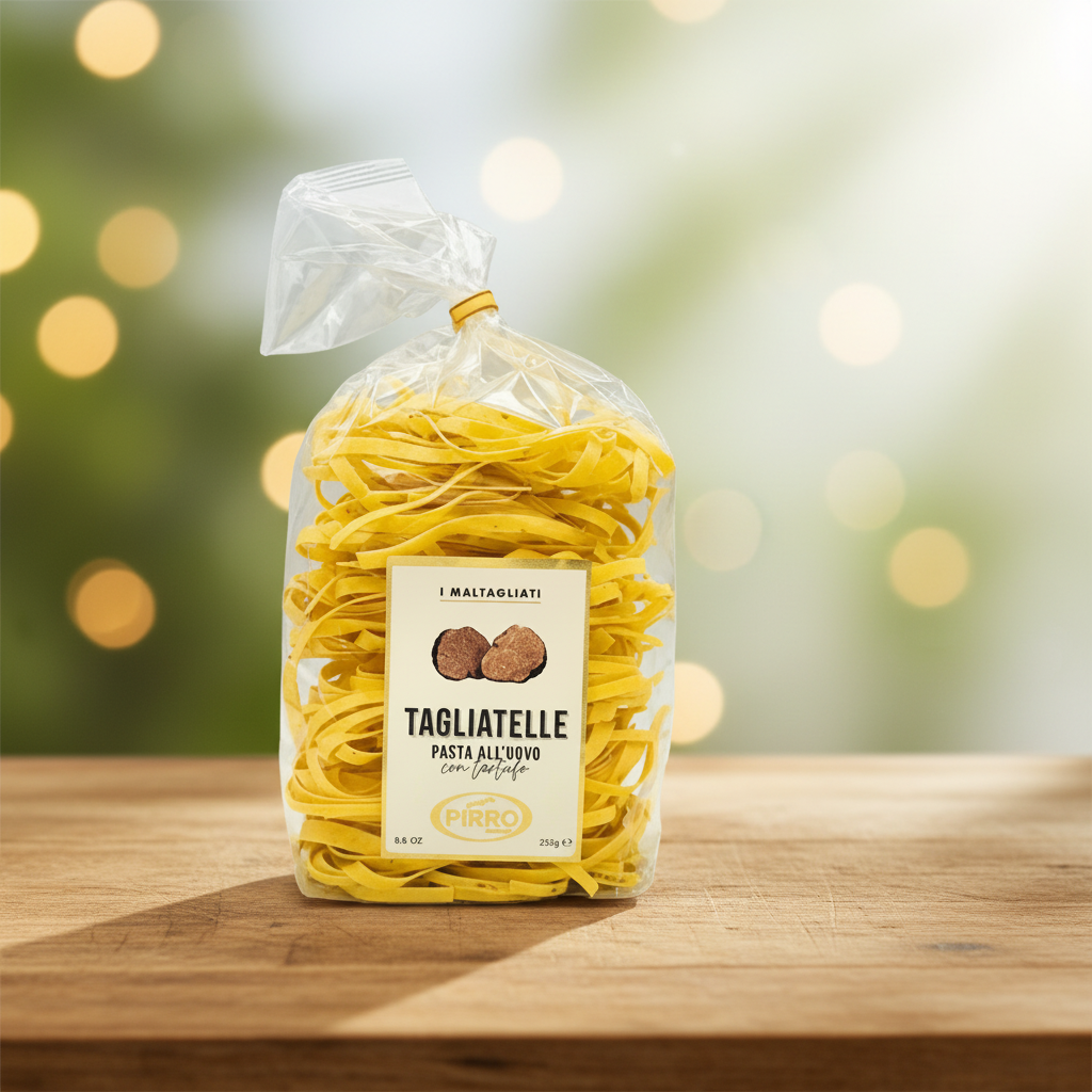 Tagliatelle à la truffe noire Pirro sur une table en bois, en lumière naturelle