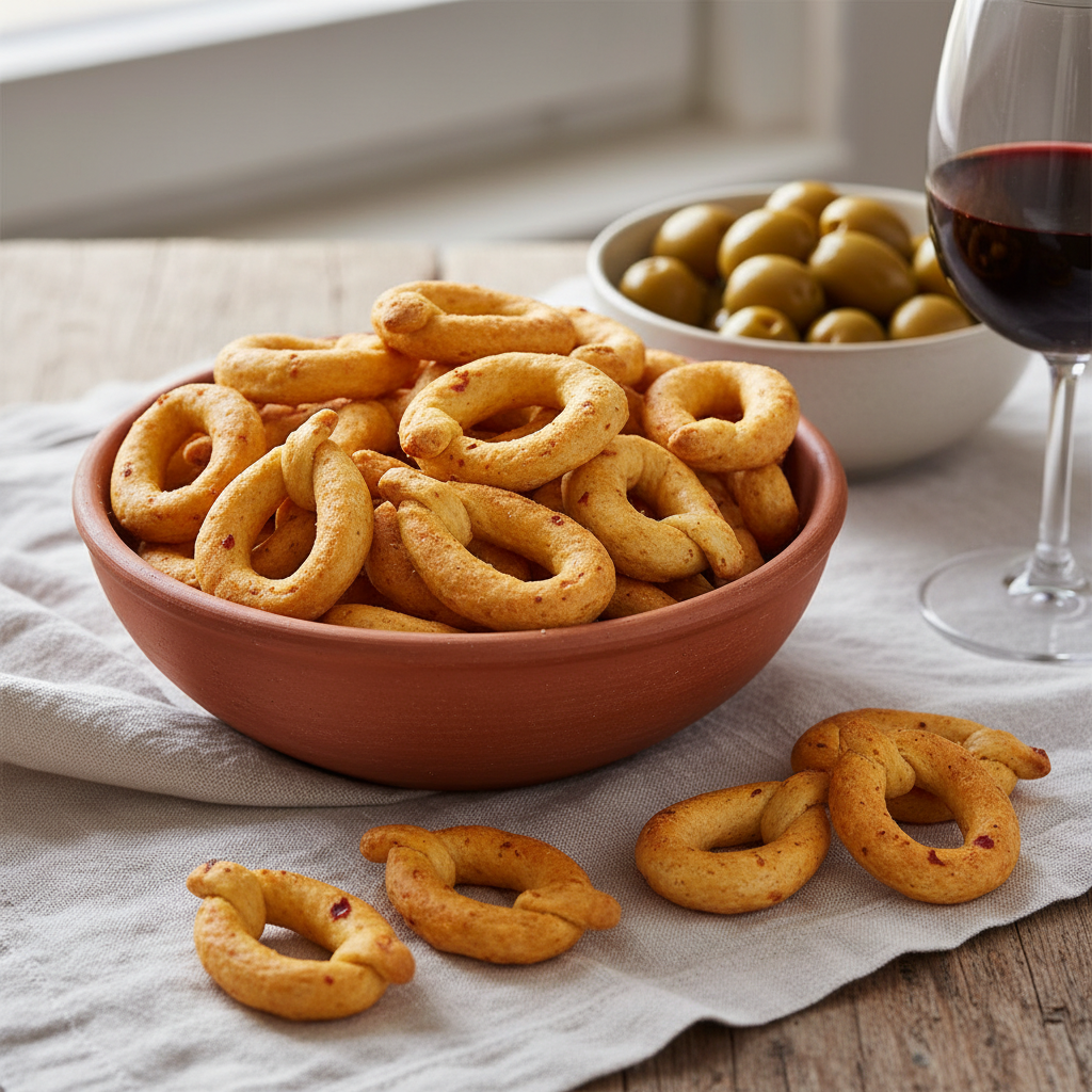 Taralli au piment Puglia Sapori – Spécialité des Pouilles (250 g) – mise en scène générée par IA à partir de la photo du produit