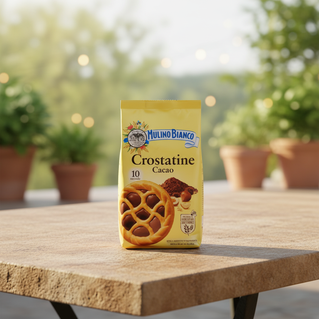 Crostatine Cacao Noisette Mulino Bianco sur une table en bois, en lumière naturelle