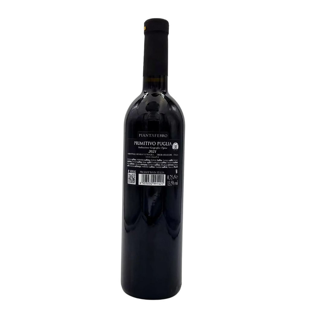 Bouteille de vin rouge Primitivo Puglia IGT Piantaferro 75cl, arrière étiquette visible.