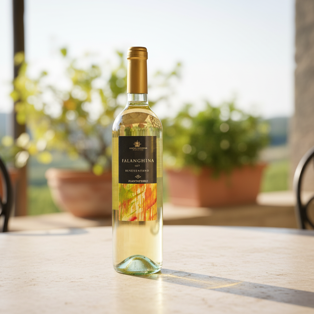 Falanghina Beneventano IGT Piantaferro sur une table en bois, en lumière naturelle