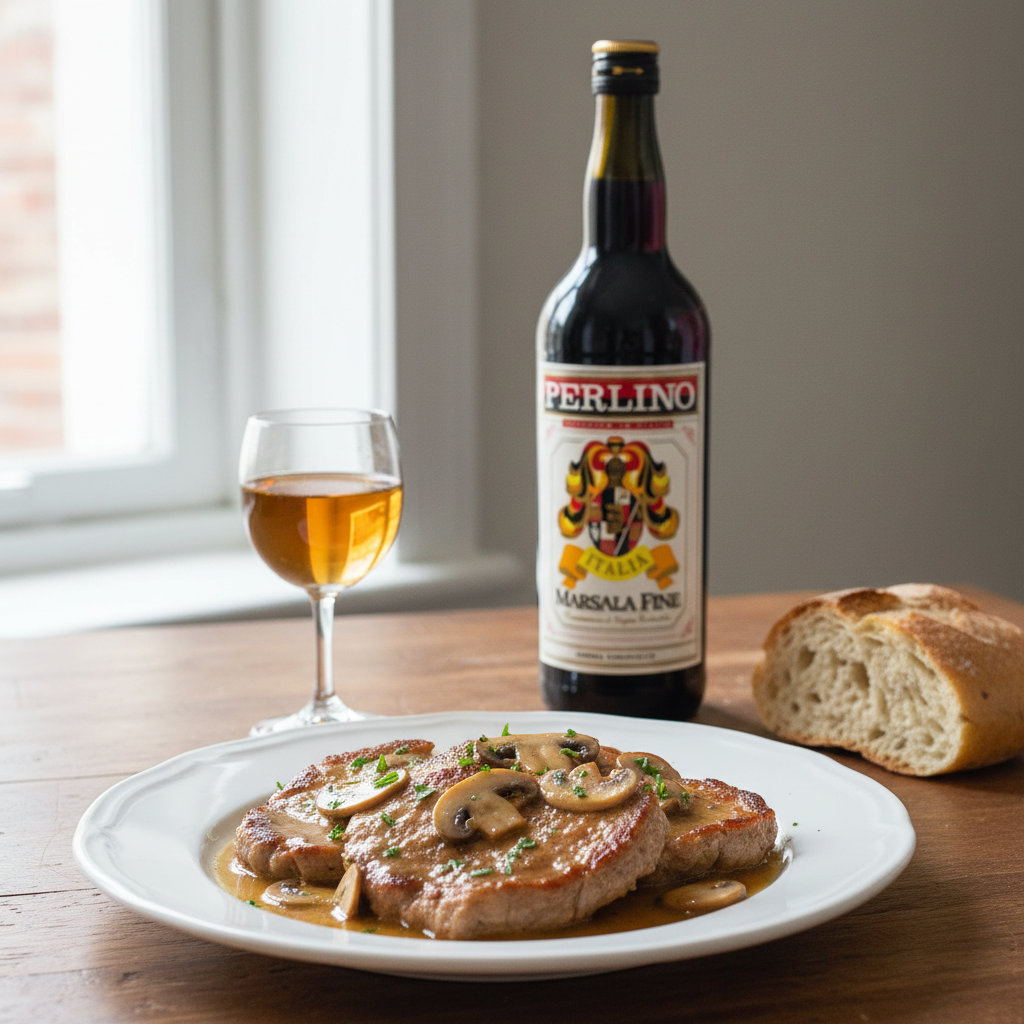 Vin Marsala Perlino – Fine D.O.C. (1 l) – mise en scène générée par IA à partir de la photo du produit