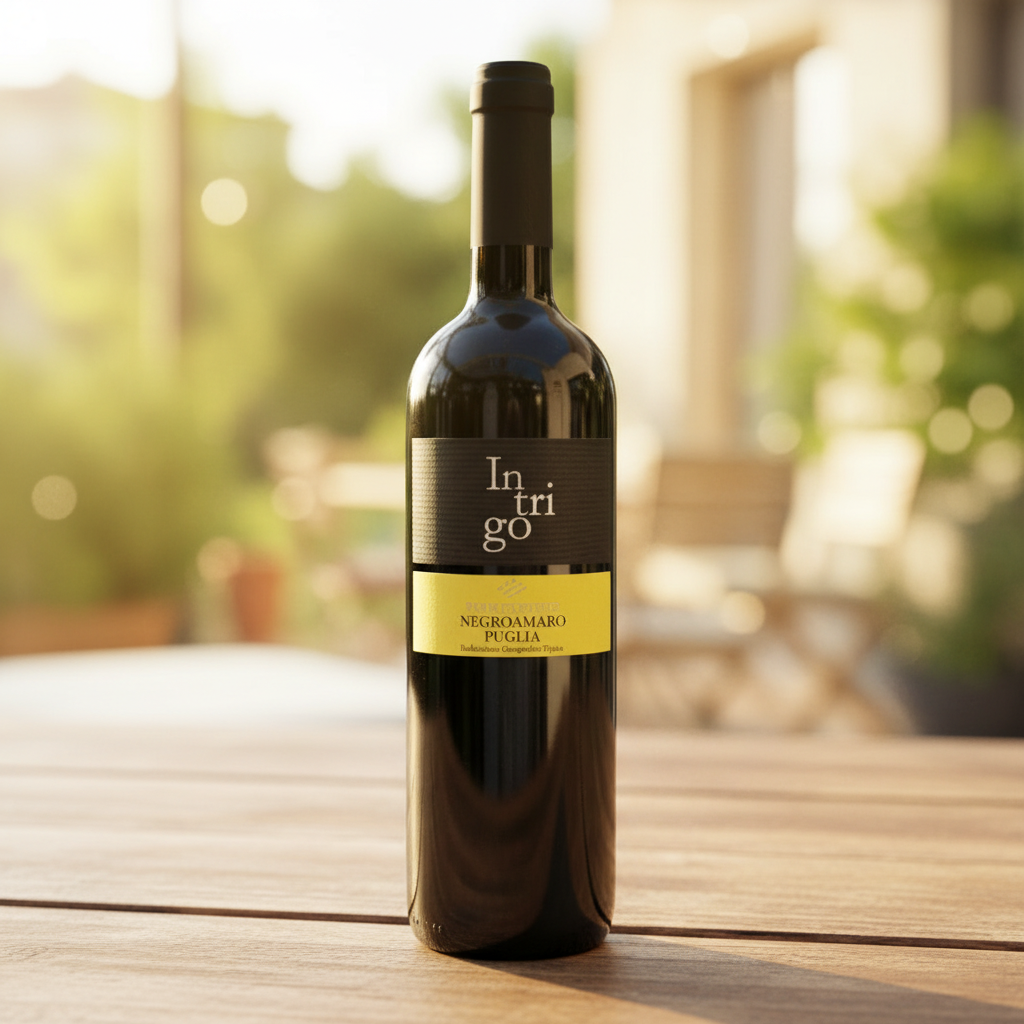 Vin Negroamaro Puglia Intrigo sur une table en bois, en lumière naturelle