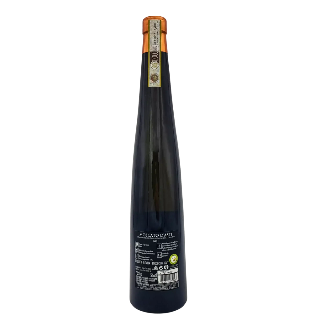 Flasche Moscato d'Asti D.O.C.G Alte Rocche Bianche 75cl, italienischer Schaumwein mit Etikett.