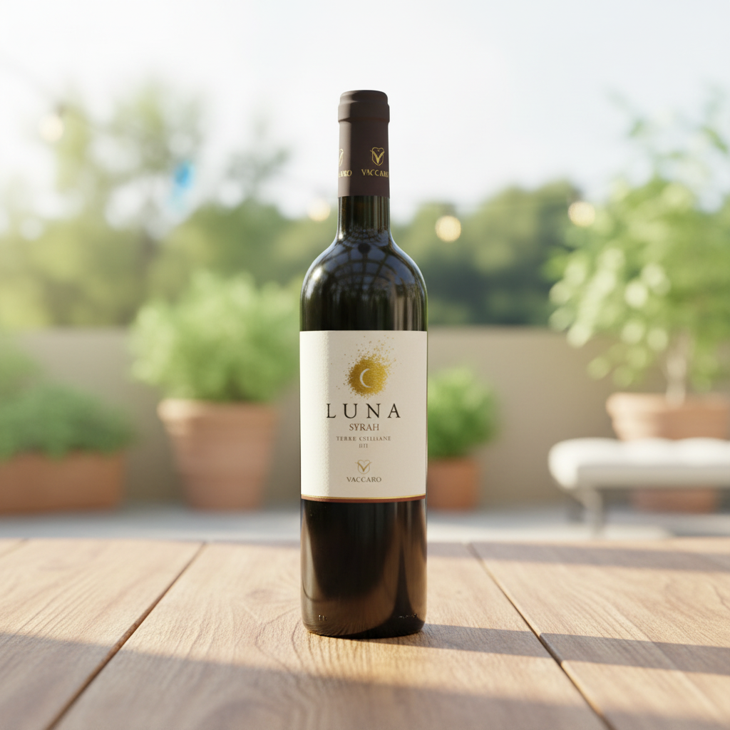 Vin Rouge Sicilien Syrah Vaccaro sur une table en bois, en lumière naturelle