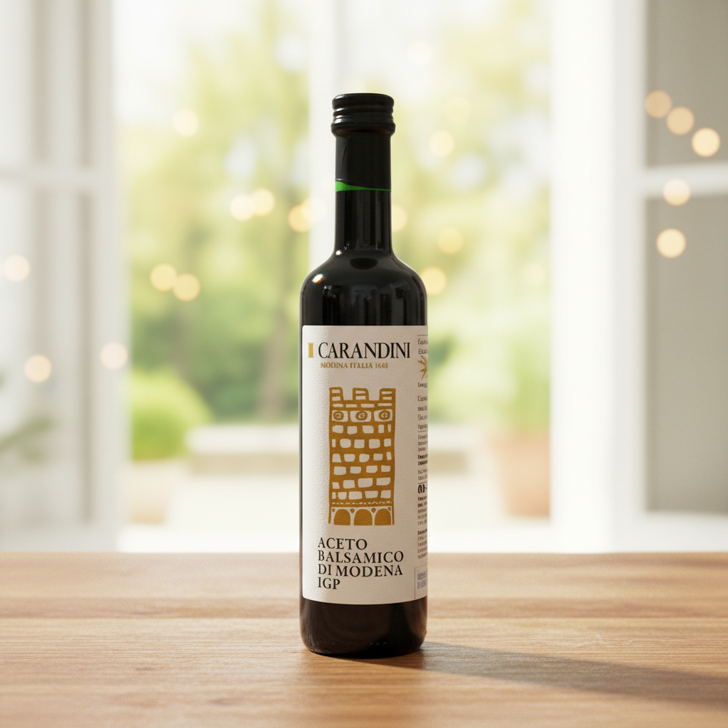 Vinaigre Balsamique de Modène IGP Carandini (500 ml) sur une table en bois, en lumière naturelle