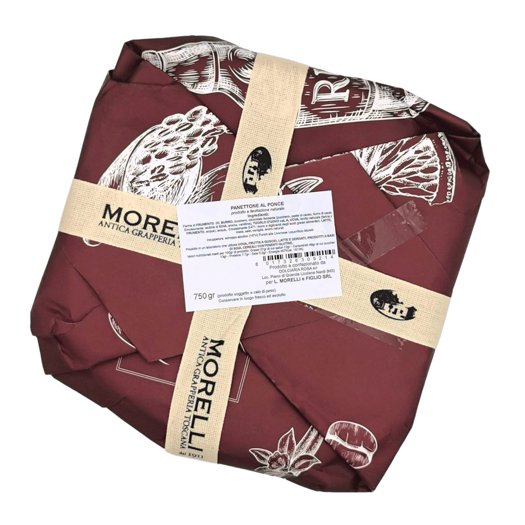 Panettone au chocolat noir Punch Livournais 750 g, emballé dans un papier bordeaux avec ruban, mettant en valeur