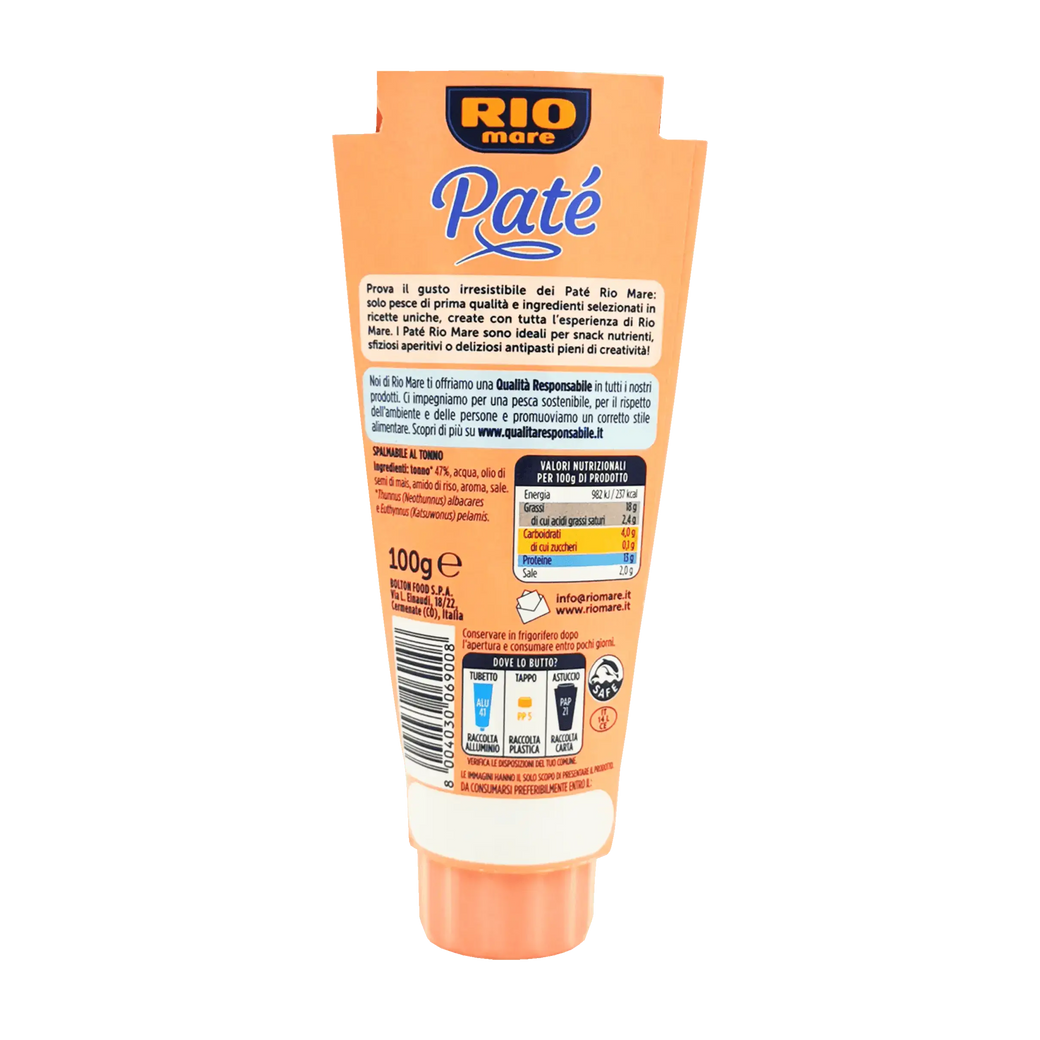 Tube de crème de thon Rio Mare 100 g, tartinable gourmet italien, emballage orange.