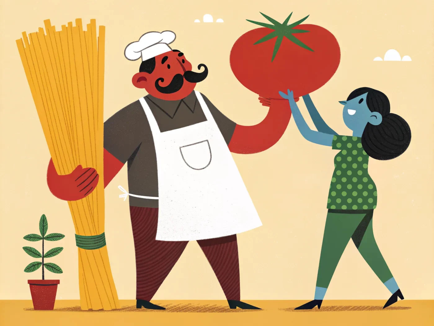 L’épicier à moustache porte une tomate géante, une cliente tient une botte de spaghetti